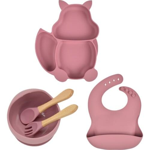 5 Pcs/Set Silicone Baby Feeding Plate With Sucker Bowl And Spoon Fork Bib Sets Children Tableware Non-slip Suction Cup Dishes