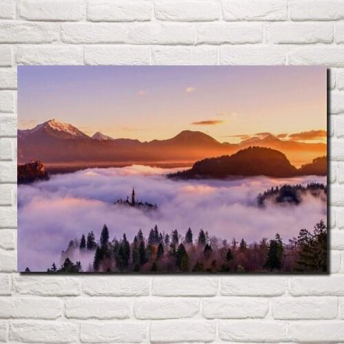 Golden sunrise over mountains castle in mist nature landscape living room home wall art decor wood frame fabric poster KE698