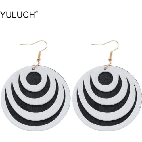 YULUCH Round Double-layer Black White Hollow Wood Chip Art Pattern Ethnic Natural Pendant Fashion Water Drop Earrings For Women