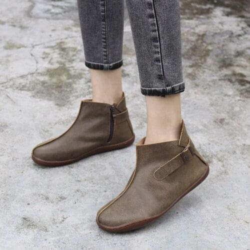 Womens Ankle Boots Round toe Zip Slip on Genuine Leather boots for Women 2021 Ladies Autumn Shoes Female Footwear