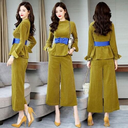 2019 autumn new womens fashion was thin temperament tops elastic waist wide leg pants corduroy two-piece