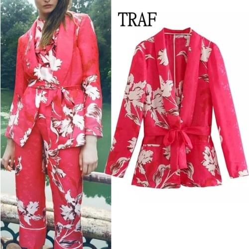 TRAF Za 2021 Blazer Women Autumn Print With Belt Long Sleeve Top Casual Womens Jacket Vintage Woman Clothing Chic Female Blazer