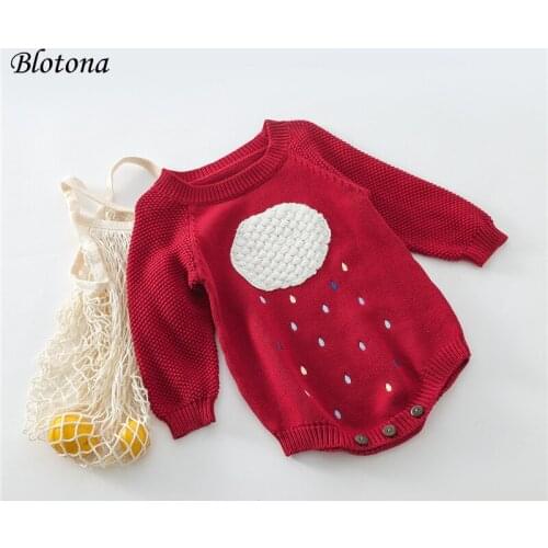 Blotona Newborn Baby Knitted Romper, Long Sleeve Crew Neck Cloud Pattern Raindrop Embroidery Bodysuit, 0-24Months