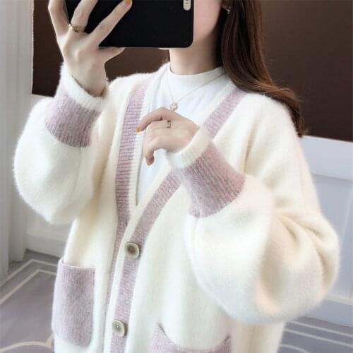 Fad Womens Autumn Spring Mohair Sweater Knitting Sweet Loose Cardigans Female Single Breasted Lantern Sleeve V Neck Outwear
