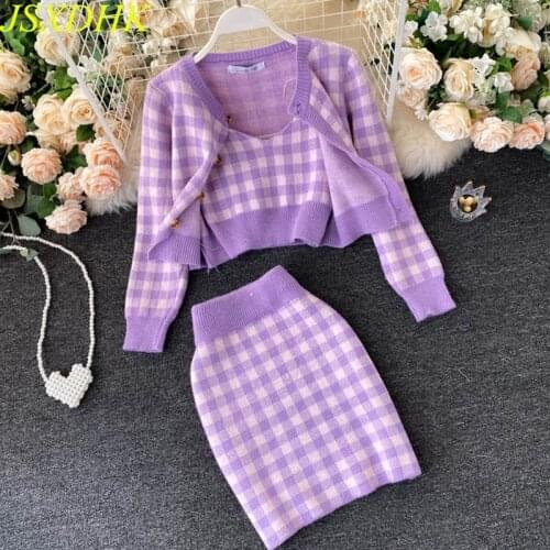 JSXDHK Sweet Girls Autumn Winter Knitted 3 Piece Set Women Pink Plaid Short Cardigans Coat + Camisole + Mini Pencil Skirt Suits