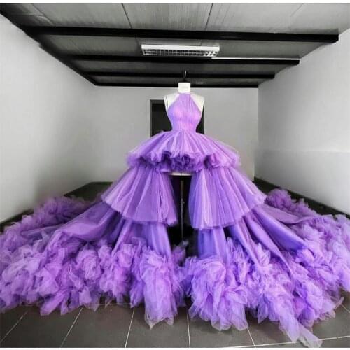 2021 Purple Evening Dress Tulle High Low Ruffles Tiered Skirts Prom Dresses Vestidos De Fiesta Customize Formal Celebrity Gowns