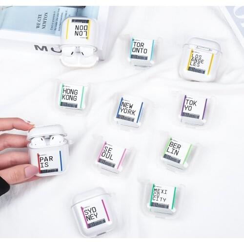 Hot Global Popular Tourist City Label Barcode Silicone Cases for Airpods 2 1 Bluetooth Headset Cover Air Tickets Clear TPU Case
