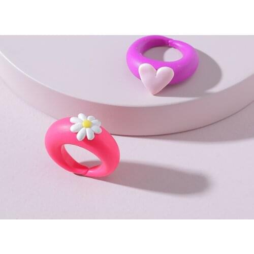 2021 Ins New Creative sweet Colorful Flower heart Handmade Ceramic Clay Soft Pottery Rings For Women Party Jewelry Friends Gifts