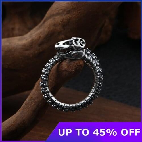 925 Sterling Silver Dinosaur Skeleton Open Ring Men Women Real Silver Creative Punk Personality Big Resizable Ring Jewelry Gifts