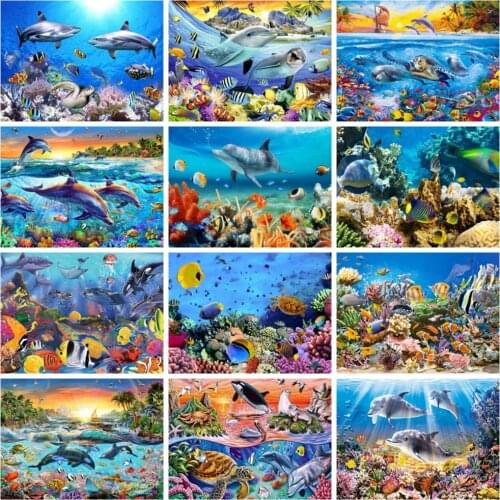 Huacan Full Square Diamond Painting Dolphin Mosaic Ocean Animal Embroidery Fish Paintings For Interior Wall Stickers