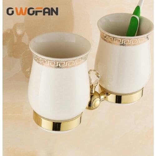 Antique Gold Bathroom Double Cup Holder Toothbrush Brass Ceramic Wall Cup Holder Decorative Crystal Cup Tumbler Holders A08-614