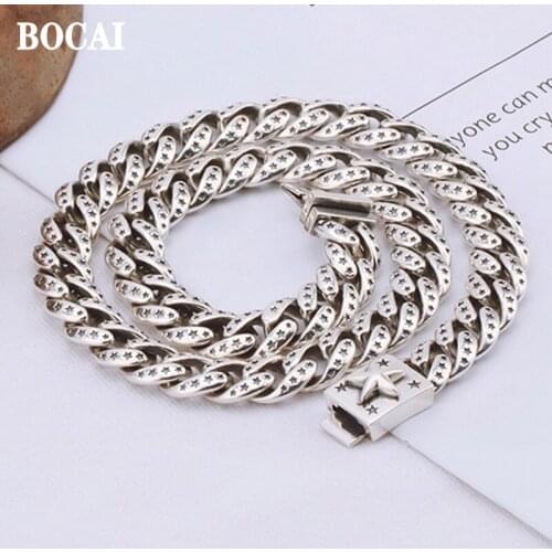 BOCAI 2021 New Solid s925 Silver Jewelry Street Cuban Chain Personality Fashion Man and Woman Couple Star Necklace