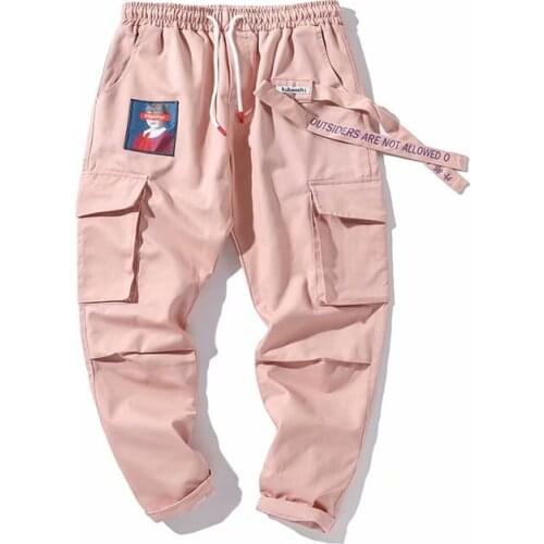 WKOUD Womens Cargo Pants Drawstring Waist Letters Printed Sweatpants Pink Big Pockets Ankle-Length Trousers Female Pants P8918