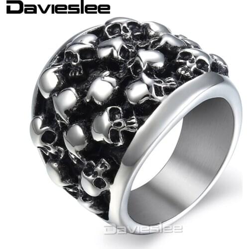 Davieslee Heavy Gothic Punk Mens Ring Black Silver Color Horror Skulls 316L Stainless Steel 26mm US Sz 9-14 LHR31