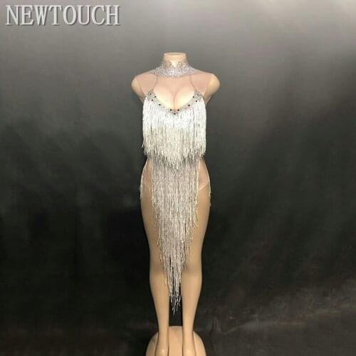 DS Rhinestones Tassel White Dress Sexy Nightclub Long Sleeveless White one-piece Dancer Costume Bodysuit Women Stage Costum