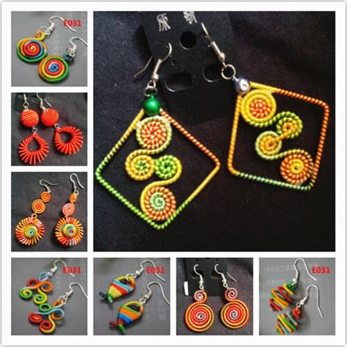E031 Mix Wholesale Miao Ethnic Hand Wrapped Colorful Silk Thread Cute Earrings for Girls 10pcs lot Mixed Free Shipping