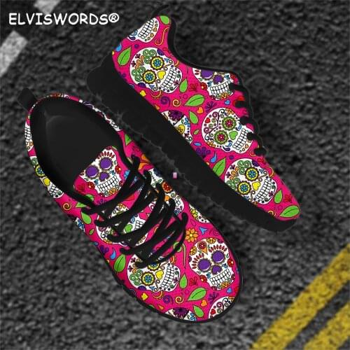 ELVISWORDS Fashonable Sugar Skull Printing Flats Womens Shoes Super Light Lace up Casual Sneakers for Ladies Summer Shoes 2020