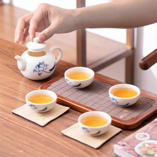 Ceramic Hand-painted Lotus Teapot Creative White Porcelain Tea Cups Portable Travel Tea Set Including 1 Pot + 4 Cups Gifts