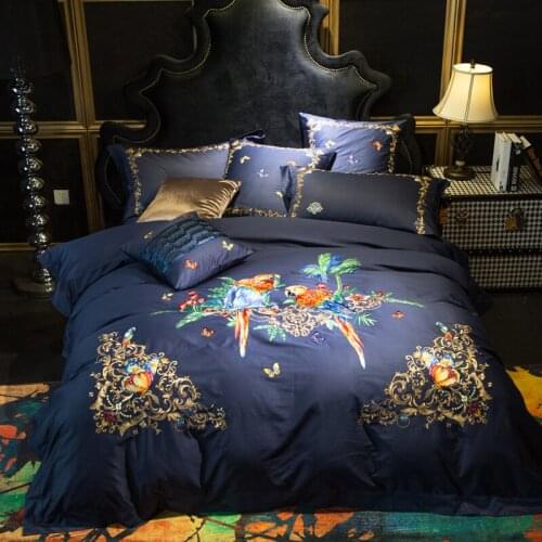 120S Egyptian Cotton Luxury Embroidery Royal Bedding Set 4/6pcs King Queen Wedding Bed Sheet Cover set Duvet Cover Blue colorful