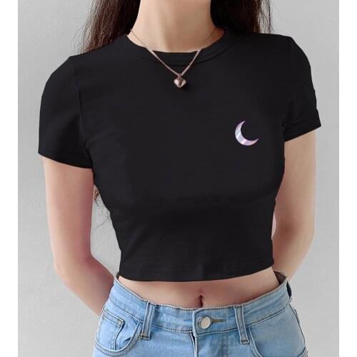 Cute Moon Print Sexy Crop Tops Women Casual Short Sleeve Cotton Pullover Tees Summer Slim Streetwear T-shirt Woman Y2k Tops