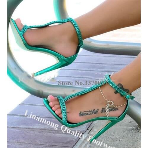Linamong Fashion T-strap Chains Stiletto Heel Gladiator Sandals Blue Gold Black Ankle Strap High Heel Sandals Formal Dress Shoes