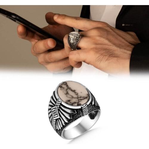 Men Silver White Oval Turquoise Gemstone Ring Geometric Design Silver Ring Handmade Men Jewelry Solid 925 Sterling Silver