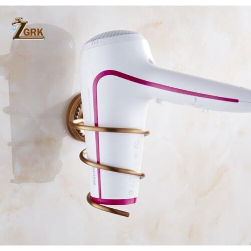 ZGRK Antique Brass Finish Wall Mounted Hair Dryer Stand Hotel Bathroom Shelves Shelf Storage Hairdryer Rack Holder Hanger