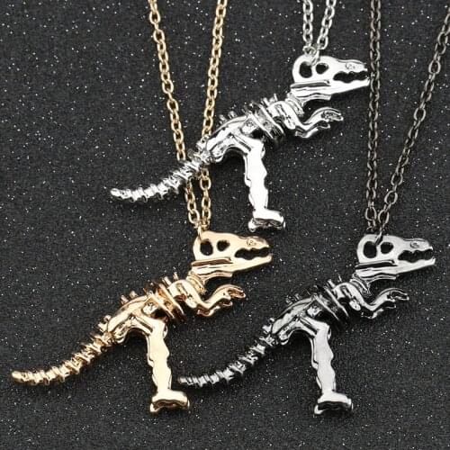 Dinosaur Necklace Tyrannosaurus Rex Skeleton Gold Black Gun Silver Color Pendant Fashion Punk Gothic Jewelry Men Women Wholesale