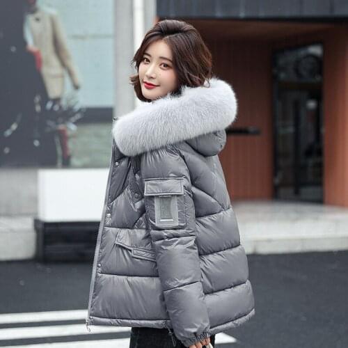 Hooded Parkas Women 2021Thick Warm Short Gloosy Parka Coat Fashion Pocket Winter Jackets Women Solid Casual Coat With Fur Collar