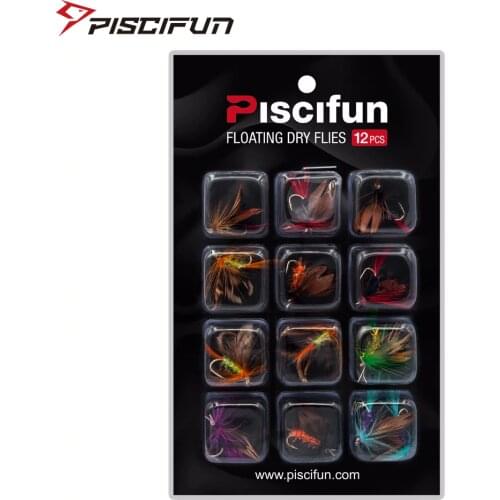 Piscifun 12pcs Dry Flies Fly Fishing flies Kit Bass Salmon Trouts Floating Fishing Artifical F Bait