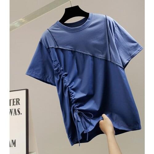 Drawstring Pleated Irregular Pullover Short Sleeve Elegant T-shirt Femme Fashion Design Casual Loose Top Tees Summer 2021