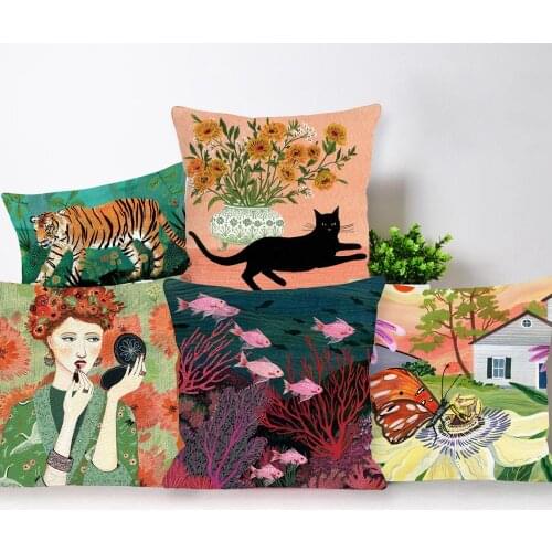 Tiger Cartoon Throw Pillow Cover Cushion Case 45X45cm Beige Linen White Polyester Kissenbezug Living Room Home Decoration