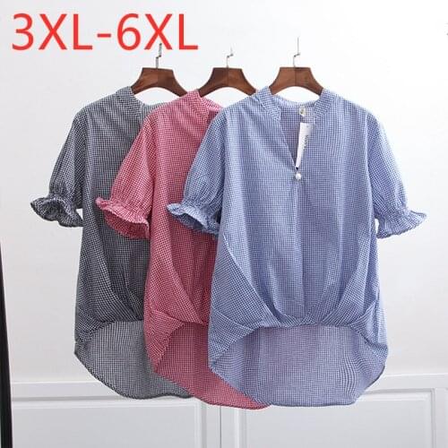 New 2021 Ladies Summer Plus Size Tops For Women Large Blouse Short Sleeve Loose Cotton Red Plaid V-neck Shirt 3XL 4XL 5XL 6XL