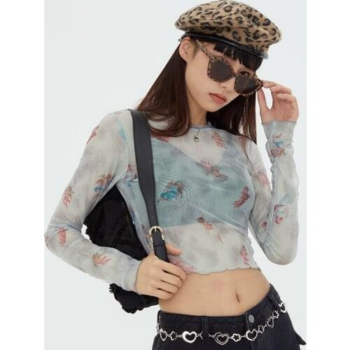 Sexy Perspective Mesh Anime Y2k Kawaii T Shirt Women Long Sleeve Harajuku T Shirt for Women Cropped Tops 2021 Summer T-shirts