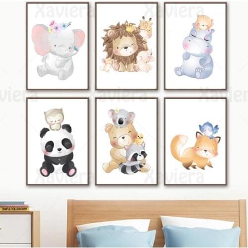 Nordic Canvas Painting Cartoon Animals Elephant Panda Lion Bear Fox Raccoon Hippo Poster Print Wall Art Kids Room Nursery Decor