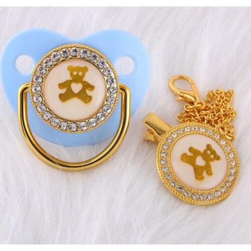 Light Blue Baby Pacifier With Chain Clip Luxury Sucette Bebe BPA Free Golden Printed Cartoon Bear Chupete For 0-18 Months
