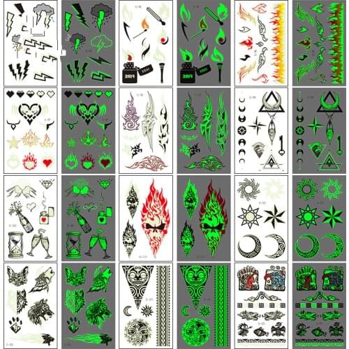 Luminous Anime Tattoo Sticker Symbol Flame Stars Moon Snowflake Wolf Waterproof Fake Tattoo Arm Body Art Christmas Halloween
