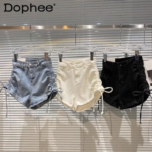 StreetWear Fashionable Side Drawstring Design Denim Shorts Women Mid Waist Jean Hot Pants 2021 Summer New Fashion Biker Shorts