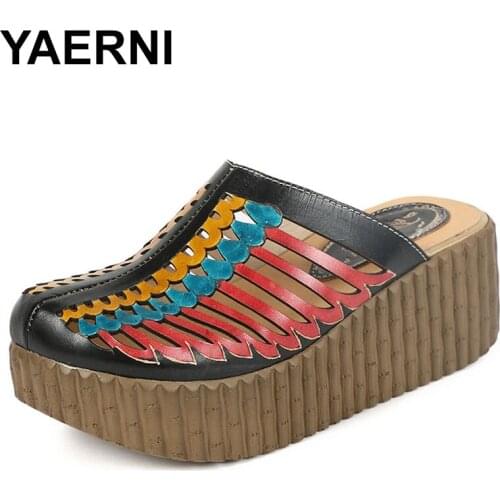 YAERNI 2020 Summer Shoes Woman Slippers Closed Toes Hollow Out Handmade Thick Heels Genuine Leather Women Platform Wedges Slides