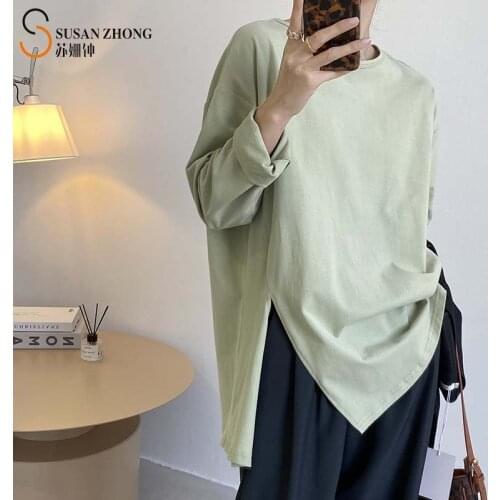 Women T-Shirt Female Tops Sweatshirts Cozy Casual 2021 Spring New Loose Oversize Mid-Long Cotton Round Collar Drop Shoulder Slit