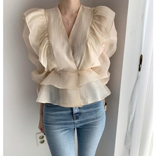 2021 Fashion Womans Shirt Vintage Female Ruffled Deep V-neck Silk Shirt Waist Hugging Slimming Chiffon Blouse Solid Sweet 10334