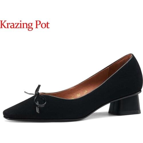 Krazing Pot korean girls sheep suede butterfly-knot square toe thick med heel slip on office lady dress gorgeous women pumps L56