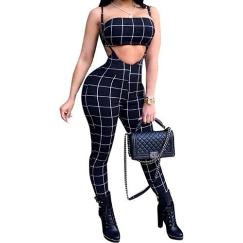 Sexy Women Plaid 2 Piece Set Long Pants 2019 Summer Strapless Crop Tops And Strap Print Long Pants Back Zipper Sets