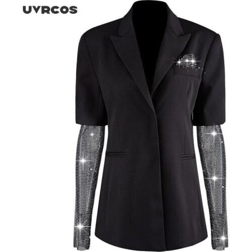 2021 New Spring Summer Stand Neck Long Spliced Sleeve Nail Drill Bling Personality Jacket Women Coat Fashion Tide