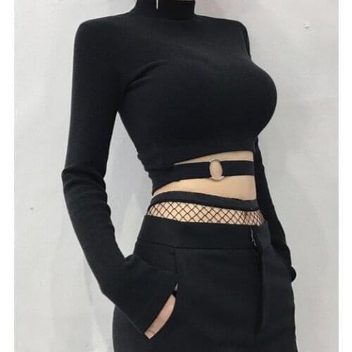 Women Hollow Out Crop Top 2019 Spring Long Sleeve Short T-Shirt Sexy Female Shirt Street Style Clothing Club Bar Wear