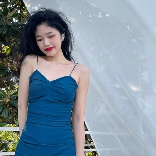 Summer Elegant Mini Blue Solid Sleeveless Vestido Vest Bodycon Sexy Party Beach Pleated Korean Fashion Dresses For Women 2021