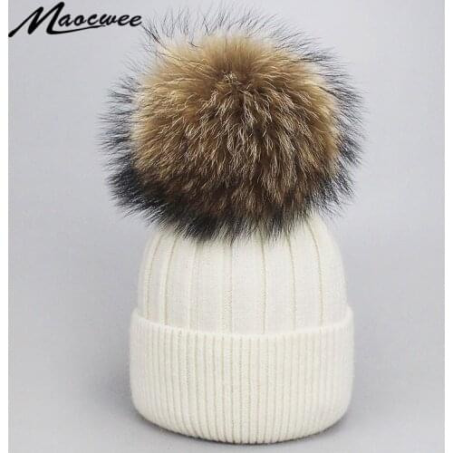 Winter Wool Beanie Girl Women Cap Real Raccoon Fur Pom Pom Parent-child Knitted Hat Core Yarn Warm Casual Skullies Beanies Bones