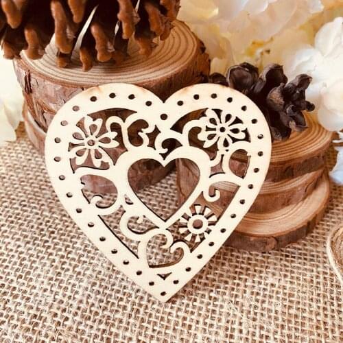 10pcs Heart Wooden Gift Tags Embellishments Hollowed Wood Heart Hanging Ornament Rustic Wedding Decoration Flower Hang Tags