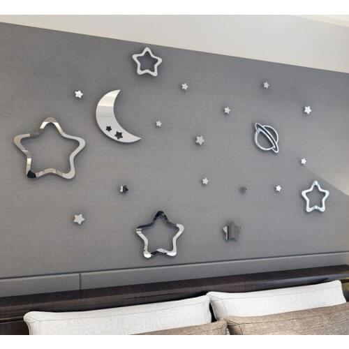 Moon and the stars cartoon Crystal Acrylic wall stickers 3D decorated mirror for living room backdrop bedroom childrens room