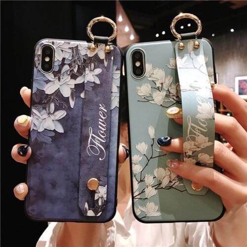 Wrist Strap Holder Phone Case For iPhone 11 Pro Max XR XS X 7 8 6S Plus Soft TPU Retro Classic Colored Flower Cover Funda
